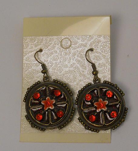 Women Fashion Earrings Red Rhinestones Drop Dangle Brassy Gold Tones Hook Fasten