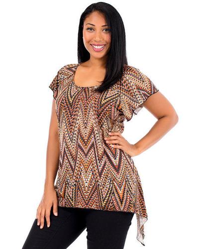 Top Asymmetrical Women PLUS SIZE 3X BRITTANY BLACK Cap Sleeves Tunic Zigzag