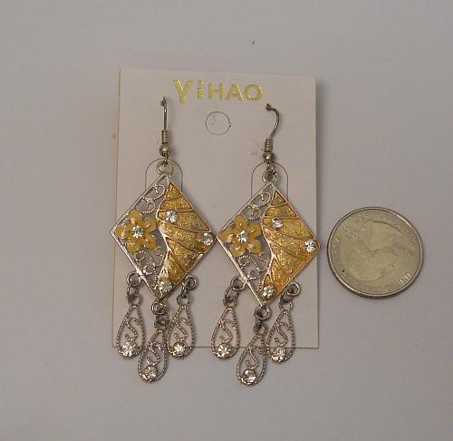 Women Flower Earrings Drop Dangle Rhinestones Silver Tones Hook Fasteners YIHAO