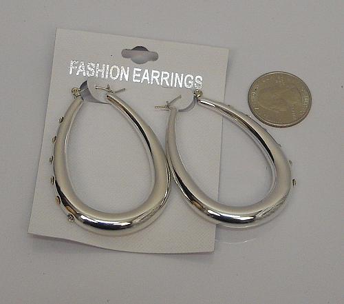 Women Earrings Oval Hoop Rhinestones Silver Tones Snap Fasteners FASHION EARRING