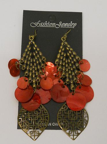 Earrings Women Red Shell Drop Dangle Brassy Gold Tones Hook Fastener FASHION