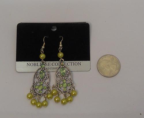 Women Earrings Green Rhinestones Drop Dangle Silver Tones Hook Fasteners NOBLESS