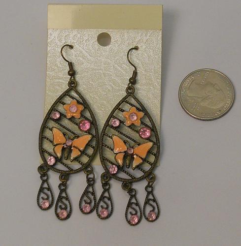 Women Teardrop Earrings Drop Dangle Pink Rhinestones Butterflies Hook Fasteners