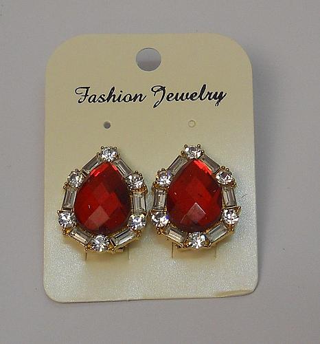 Women Red Rhinestone Huggie Earrings Gold Tones Leverback Fasteners FASHION