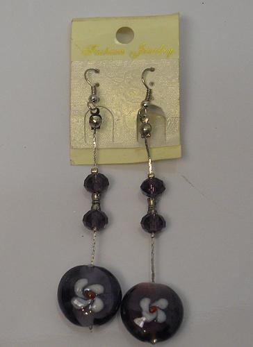 Women Glass Bead Earrings Purple Drop Dangle Silver Tones Hook Fasteners FASHION