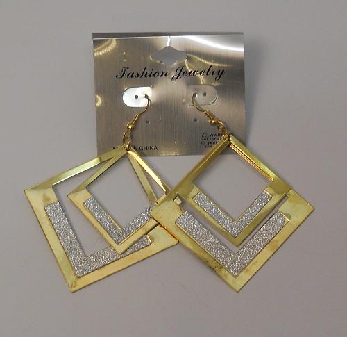 Women Square Glitter Earrings Drop Dangle Gold Tones Hook Fasteners FASHION JEWE