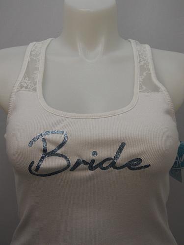 Tank Cami Top Rib Knit Womens SIZE L White Glitter BRIDE Scoop Neck Sleeveless