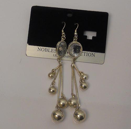 Women Bead Earrings Rhinestones Drop Dangle Silver Tones Hook Fasteners NOBLESSE