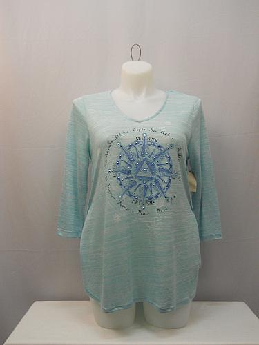 Womens Knit Top SIZE XL TRU SELF Aqua Lace Yoke V Neck Embellished Pullover