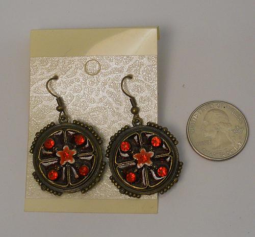 Women Fashion Earrings Red Rhinestones Drop Dangle Brassy Gold Tones Hook Fasten