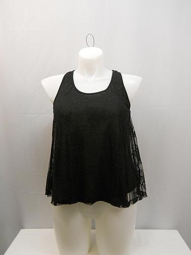 Women Tank Top Size L Solid Black Scoop Neck Racer Back Lace Layover Sleeveless