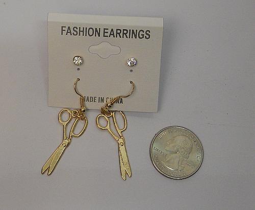 Women Scissor Earrings Drop Dangle Rhinestones Gold Tones Hook Fasteners FASHION