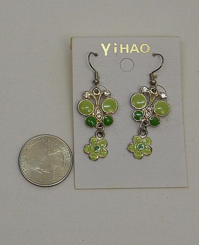 Women Green Butterfly Earrings Drop Dangle Rhinestones Hook Fasteners FASHION