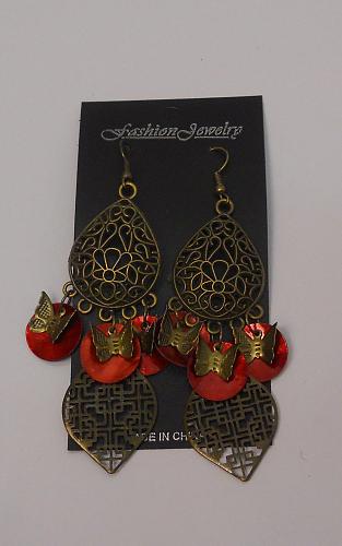 Women Red Shell Earrings Drop Dangle Brassy Gold Tones Hook Fasteners FASHION