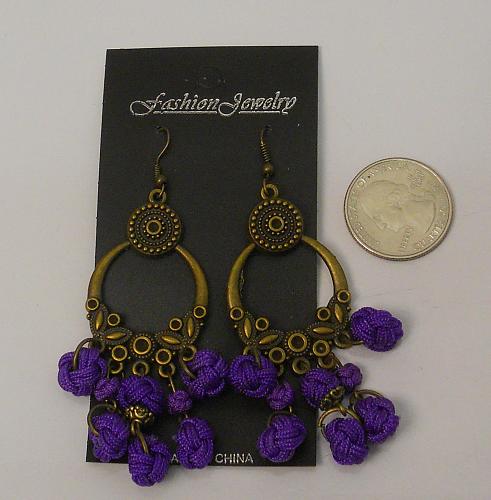 Women Purple Monkey Knot Earrings Drop Dangle Gold Tones Hook Fasteners FASHION