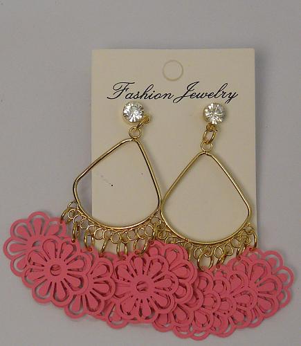 Women Earrings Drop Dangle Pink Flower Gold Tones Rhinestones Push Back Fastener