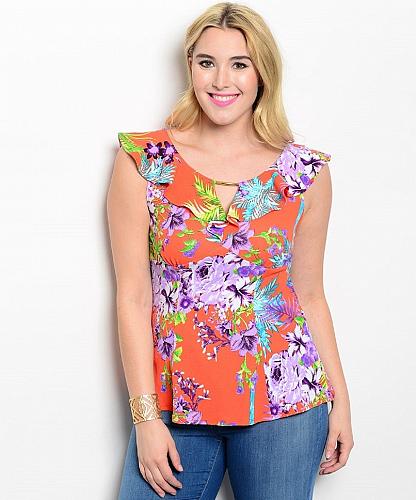 VIVA YOU Women's Empire Waist Top Blouse Floral Sleeveless Ruffled Neck