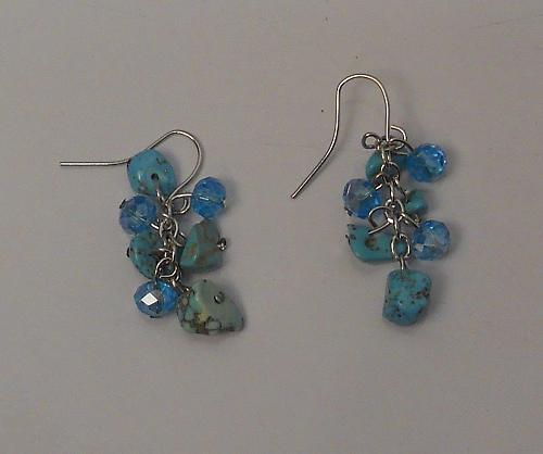 Women Blue Beaded Earrings Drop Dangle Silver Tones Hook Fasteners AL AFDAL