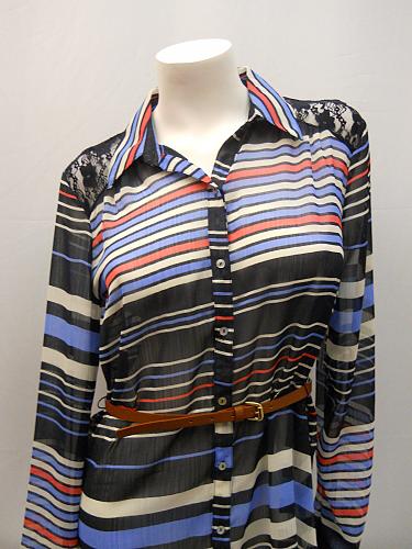 Womens Shirt Belt Button SIZE L Long Sleeves Lace Yoke Sheer Stripe