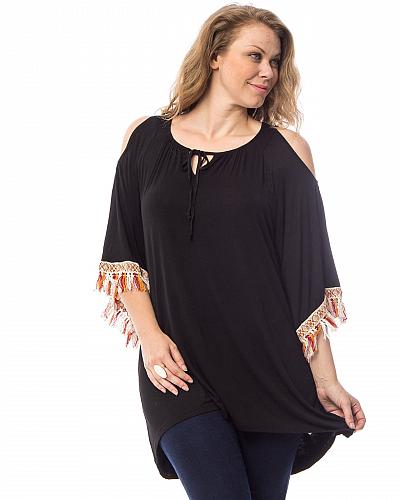 Knit Tunic Top Women PLUS SIZE 2X Scoop Neck Black Fringed ¾ Sleeves Pullover