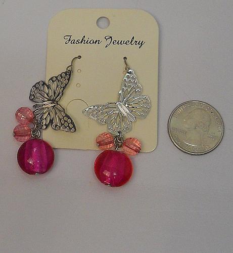 Women Pink Beaded Butterfly Earrings Silver Tones Hook Fasteners FASHION JEWELR