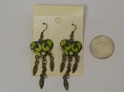 Women Heart Earrings Drop Dangle Green Rhinestones Brassy Gold Tones Hook Fasten