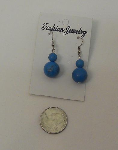 Women Blue Stone Beaded Earrings Drop Dangle Silver Tones Hook Fasteners FASHION