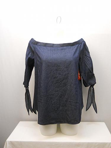 Women Off Shoulder Top SIZE 2XL Dark Wash Denim Tied ¾ Sleeves Pullover Elastic