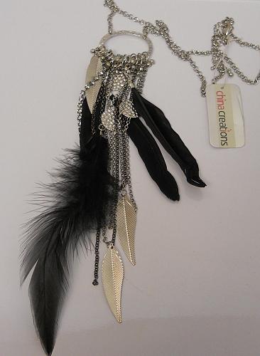 Women Fashion Necklace Chains Black Feathers Lever Fasteners CHINA CREATIONS