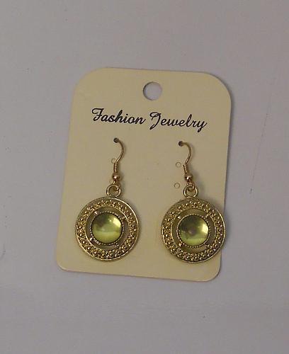 Women Earrings Discs Green Stones Drop Dangle Gold Tones Hook Fasteners FASHION