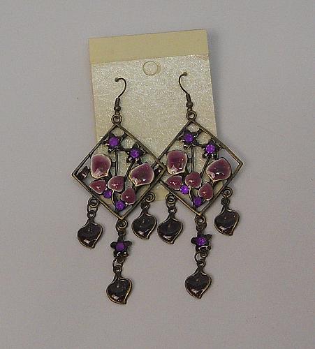 Women Earrings Purple Rhinestones Drop Dangle Brassy Gold Tones Hook Fasteners