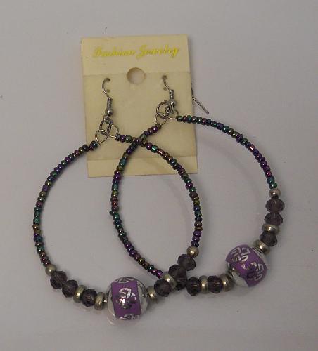 Women Purple Bead Earrings Drop Dangle Hoop Silver Tones Hook Fasteners FASHION