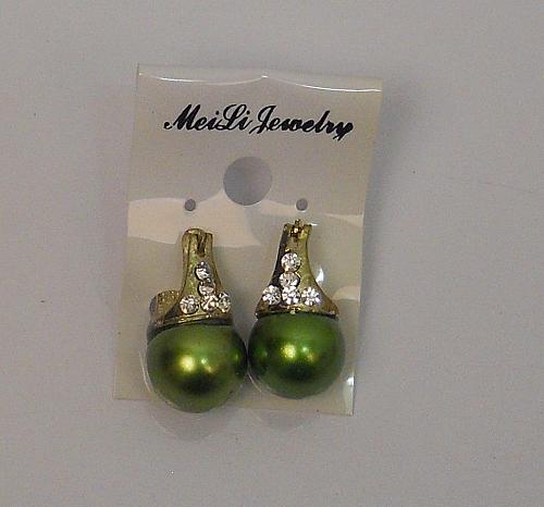 Women Green Huggie Earrings Rhinestones Gold Tones Snap Fasteners MEI LI JEWELRY