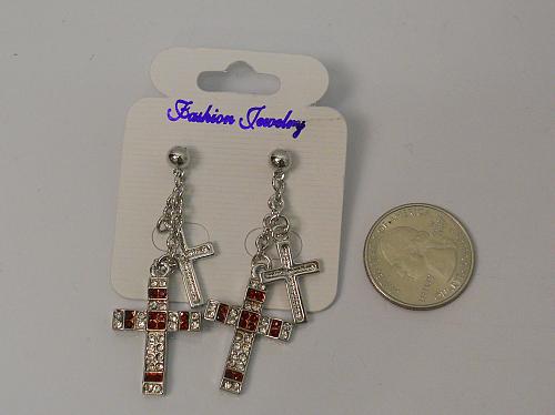 Women Cross Earrings Drop Dangle Red Rhinestones Silver Tones Fashion Push Back