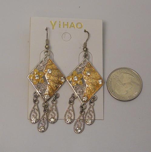Women Flower Earrings Drop Dangle Rhinestones Silver Tones Hook Fasteners YIHAO