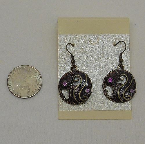 Women Round Earrings Drop Dangle Purple Rhinestones Brassy Gold Tones Hooks