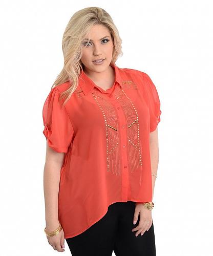 Shirt Top Women Plus Size 1X 2X Button Sheer Solid Coral Embellished Hi-Lo Hem