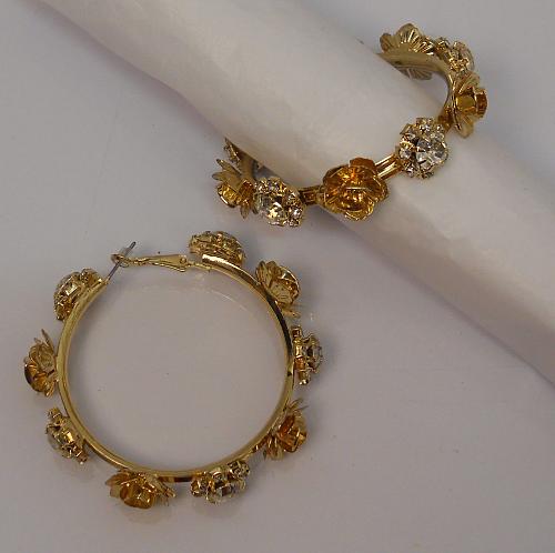 Women Flower Hoop Earrings Rhinestones Fashion Gold Tones Leverback Fasteners