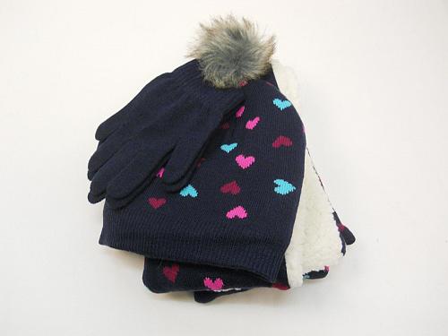 Girls 3 PC Knit Set Scarf Hat Gloves Navy Blue Heart Print One Size Shearling