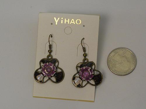 Women Flower Earrings Drop Dangle Brassy Purple Rhinestones Gold Tones Hook Fast