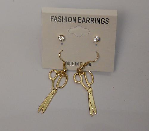 Women Scissor Earrings Drop Dangle Rhinestones Gold Tones Hook Fasteners FASHION