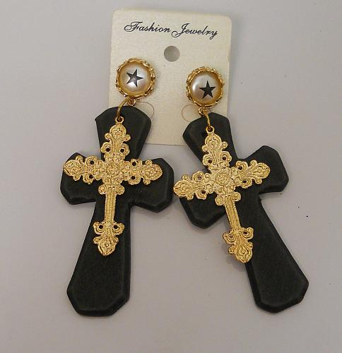 Women Earrings Large Wood Cross Gold Trim Fashion Drop Dangle Push Back Fastener