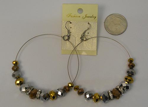 Women Beaded Hoop Earrings Drop Dangle Rhinestones Silver Tones Hook Fasteners