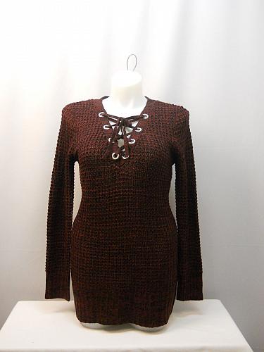 Women Tunic Knit Sweater Size XL Solid Burgundy Laced Up V-Neck Long Sleeves