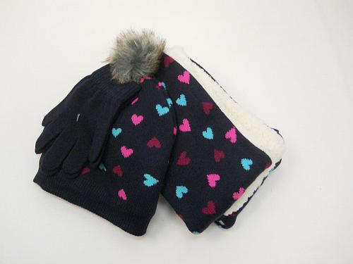 Girls 3 PC Knit Set Scarf Hat Gloves Navy Blue Heart Print One Size Shearling