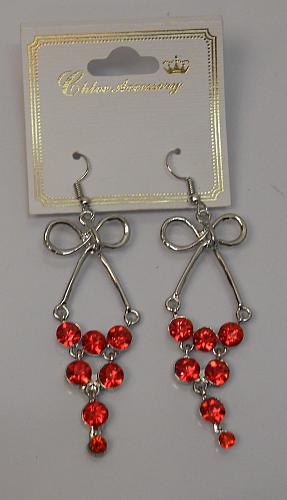 Women Bow Earrings Red Rhinestones Drop Dangle Silver Tones Hook Fasteners CHLOE