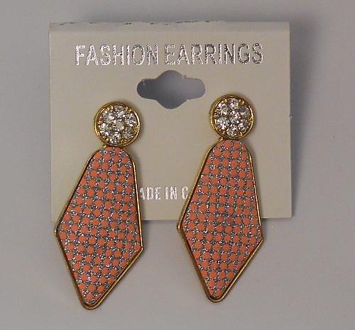 Women Earrings Drop Dangle Pink Glitter Rhinestones Silver Tones Push Back Faste