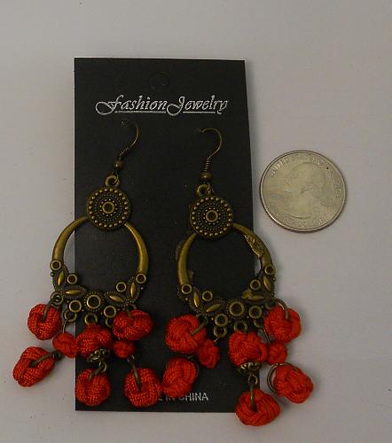 Women Red Monkey Knot Earrings Drop Dangle Gold Tones Hook Fasteners FASHION