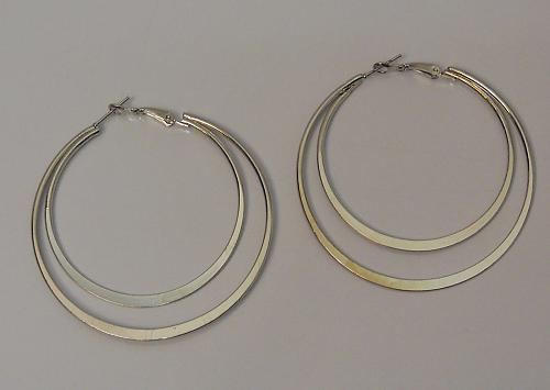 Women Double Ring Hoop Earrings Fashion Silver Tones Leverback Fasteners FASHION