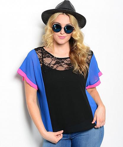 Womens Top Sheer Color Blocked PLUS SIZE 1XL 2XL Cap Sleeves Lace Yoke POINT